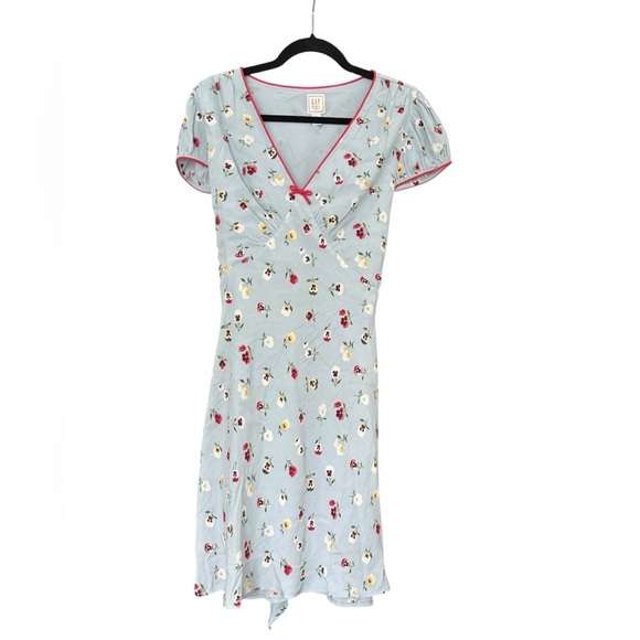 Gap X Doen Light Blue Flower Printed Short Dress with Red Piping V Neck Size 14 - Picture 2 of 5